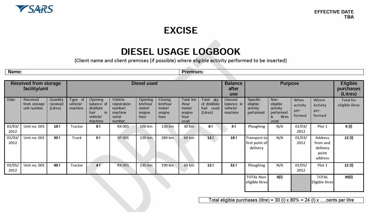 SARS excise diesel usage logbook template, with columns for diesel received from the storage facility, diesel used per vehicle or machine with opening and closing meter readings, balance after use, the purpose of each use and the eligible litres.